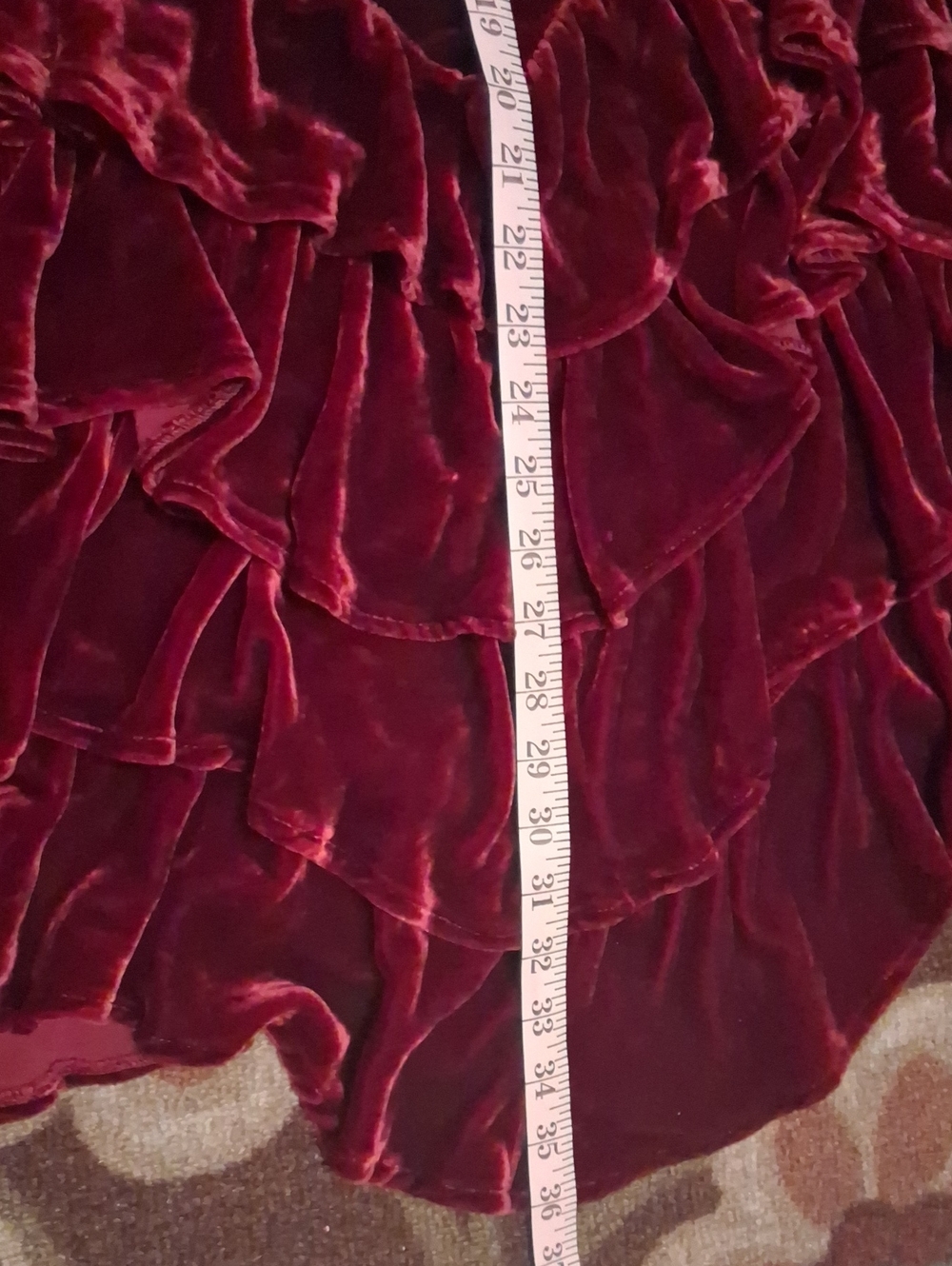 Double D Ranch Wine Red Velvet Asymmetrical Ruffle Skirt - Picture 9 of 10